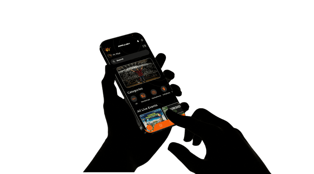 A hand holding a phone with the Aaruush Connect app open